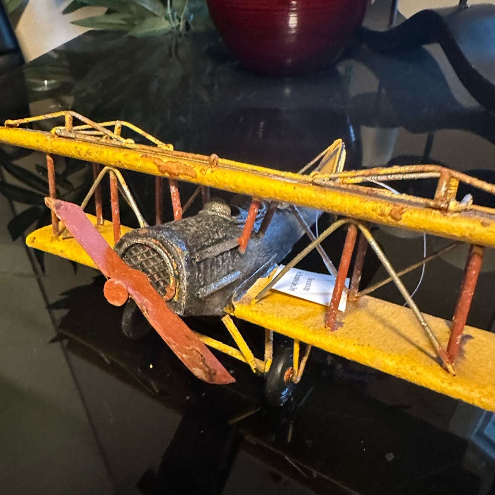 Vintage Yellow and Red Metal Airplane Decor